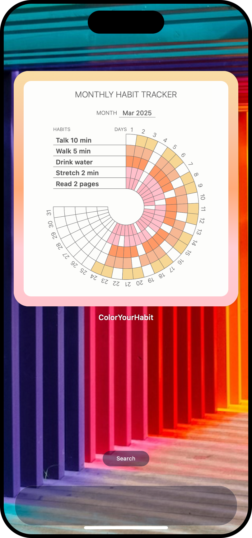 Color Your Habit widget on a phone Home Screen showing five replacement routines and the monthly record