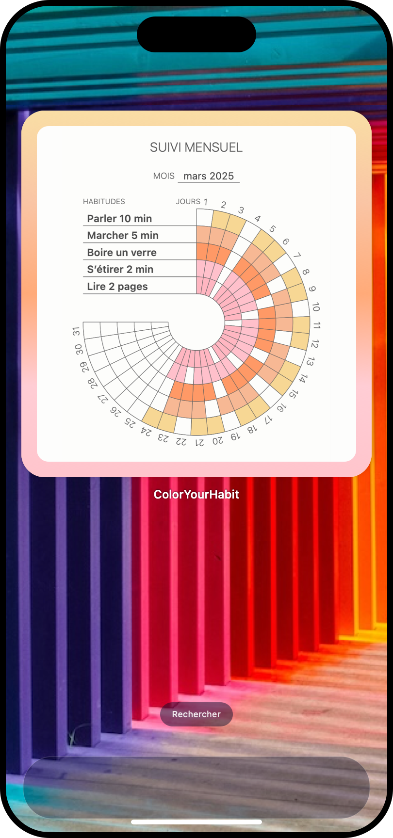 Widget Color Your Habit sur l’écran d’accueil du téléphone avec cinq routines et le suivi du mois